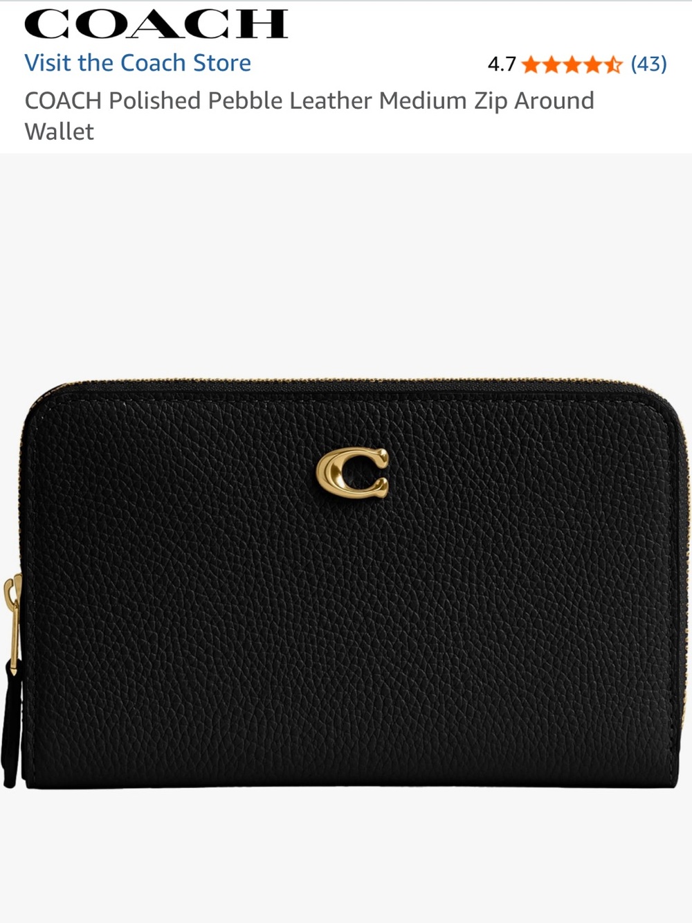 Coach Essential Medium Pebble Leather Zip Around Wallet in Black with Brass